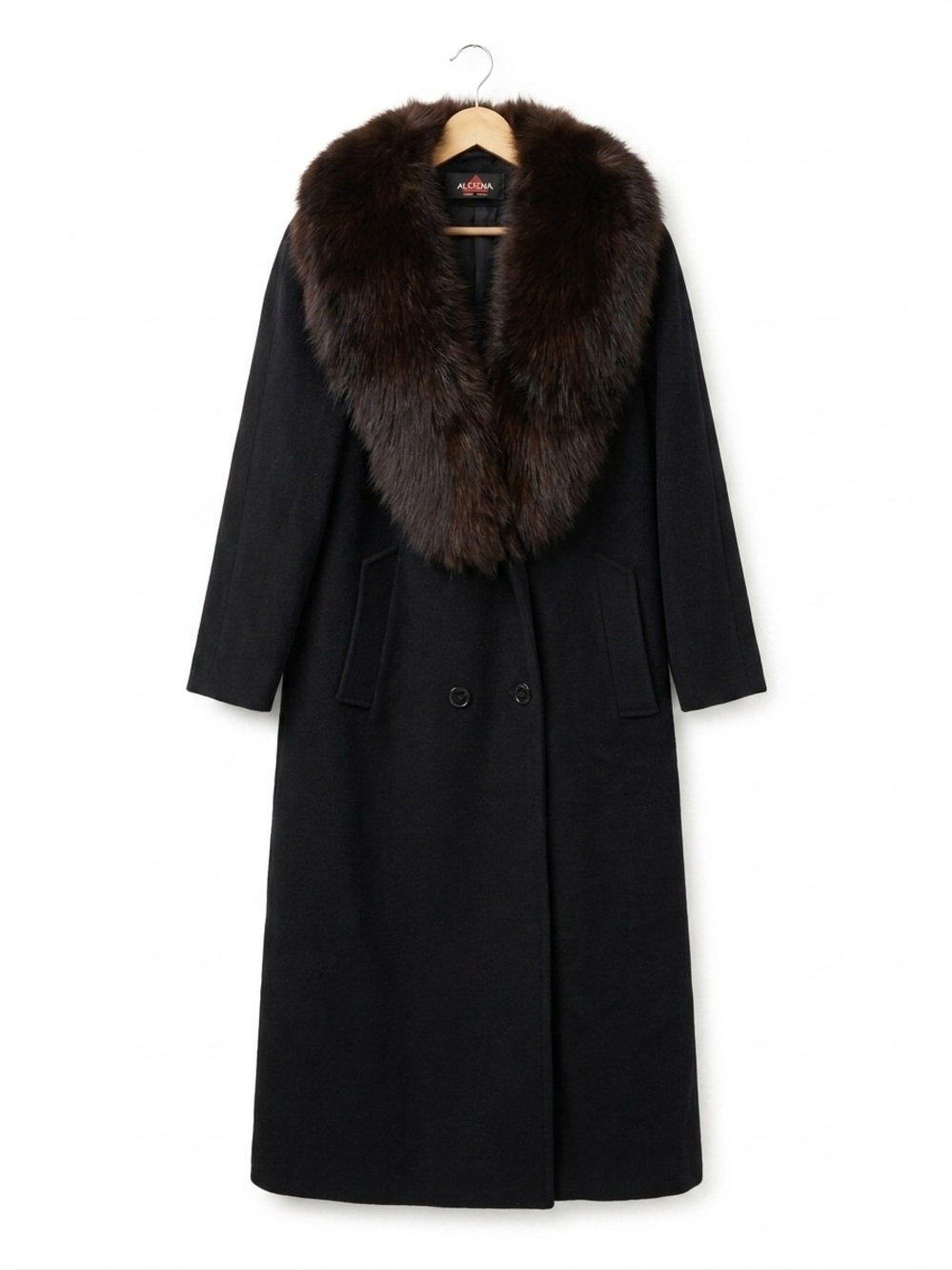 VTG ALORNA 100% Pure Wool Black Trench Coat Genuine Fur Collar UNITE Union USA